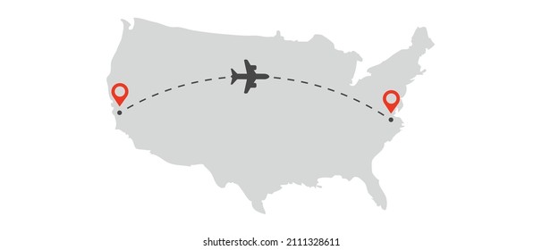 The plane is in the vector dotted line. Tourism and travel. The plane flies over the country