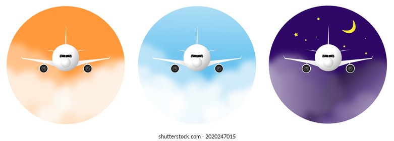 Plane vector flying forward in the cloudy and starry sky in the morning, afternoon and night on a circle background