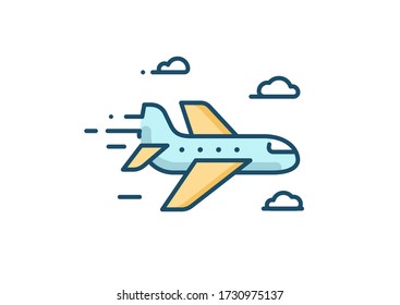 Plane vector icon, airplane filled line outline sign, air plane with clouds color simple minimalist flat design Illustration isolated on white. EDITABLE STROKE.