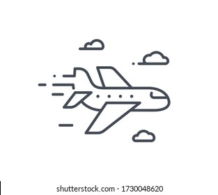 Plane vector icon, airplane line outline sign, air plane with clouds simple minimalist flat design Illustration isolated on white. 