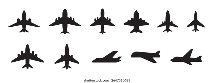 Plane vector icon, airplane silhouette. Airport simple symbol, black plane logo, airline pictogram or jet aircraft shape top side view isolated