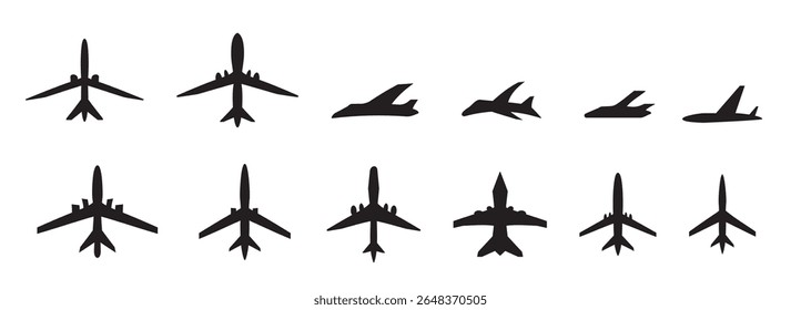 Plane vector icon, airplane silhouette. Airport simple symbol, black plane logo, airline pictogram or jet aircraft shape top side view isolated