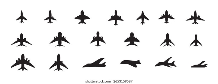Plane vector icon, airplane silhouette. Airport simple symbol, black plane logo, airline pictogram or jet aircraft shape top side view isolated