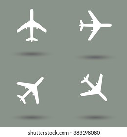 Plane vector icon collection in modern style with shadow, figure and gray background. Symbol of flight and travel.
