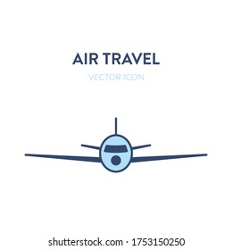 Plane vector icon. Vector illustration of front view of a big passenger airliner. Represents a concept of international flights, air travel, commercial flight, business trip