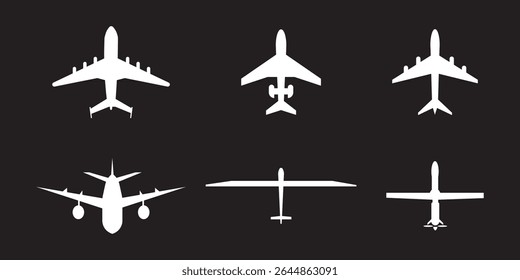 Plane vector icon set. Flying up airplane sign. Paper plane flat and line style. Travel aircraft route graphic elements isolated on white background. Vector illustration.