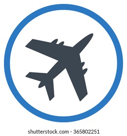 Plane vector icon. Style is bicolor flat circled symbol, smooth blue colors, rounded angles, white background.