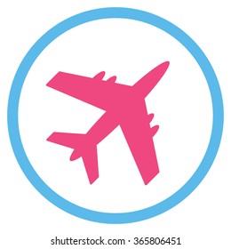 Plane vector icon. Style is bicolor flat circled symbol, pink and blue colors, rounded angles, white background.