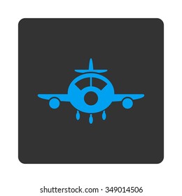 Plane vector icon. Style is flat rounded square button, blue and gray colors, white background.