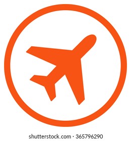 Plane vector icon. Style is flat circled symbol, orange color, rounded angles, white background.