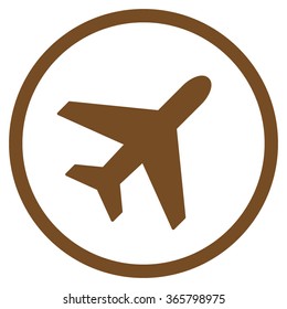 Plane vector icon. Style is flat circled symbol, brown color, rounded angles, white background.
