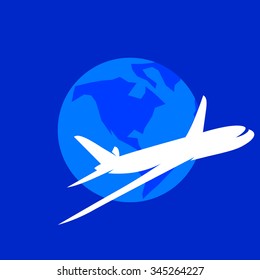 Plane vector logo. Symbols of airplane and the Earth planet.