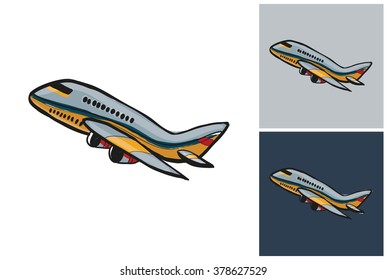 Plane vector sketch in kids style on white, gray and dark background.