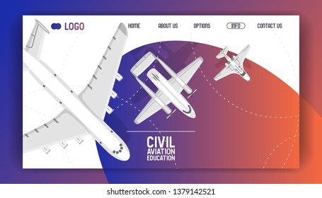 Plane vector web-page traveling on aircraft airplane jet flight transportation flying to airport illustration aviation backdrop of aeroplane airliner airfreighter cargo web landing page background.