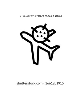 Plane and virus, coronavirus simple line icon vector illustration.Editable stroke. 48x48 Pixel Perfect.