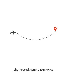 Plane way icon, airplane arc path line direction and  destination red point, logo design template, holiday trip vector illustration template on white background.