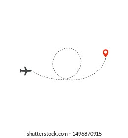 Plane way icon, airplane circle ring path direction and  destination red point, logo design template, holiday trip vector illustration template on white background.