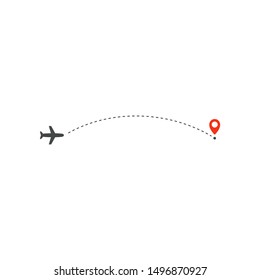 Plane way icon, airplane path direction and  destination red point, logo design template, holiday trip vector illustration template on white background.