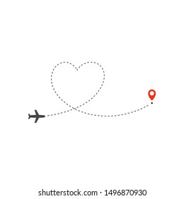 Icono de ruta de vuelo, dirección de trayectoria de avión y punto rojo de destino, plantilla de diseño de logotipo, plantilla de ilustración de viaje de vacaciones de boda sobre fondo blanco.