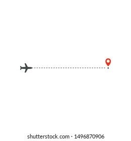 Plane way icon, airplane straight ahead path direction and  destination red point, logo design template, holiday trip vector illustration template on white background.