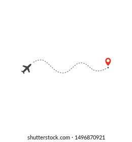Plane way icon, airplane wave path direction and  destination red point, logo design template, holiday trip vector illustration template on white background.