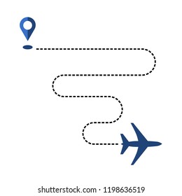 Plane and its way, track or route isolated on white background. Transportation concept or theme. Aircrafts and map pins symbols