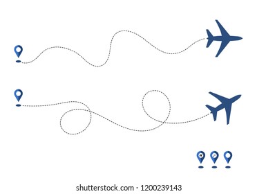 Plane and its way, track or route isolated on white background. Aircrafts and map pins symbols. Transportation concept or theme