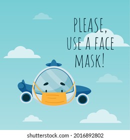 The plane is wearing a face mask. Lettering. Isolated. Light blue background. Vector illustration