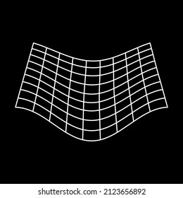 Plane White Wave Grid on Black Background. Mesh with Convex Distortion. 3d Warp Geometric Shape with Curve Wavy Line. Distorted Grid Futuristic Wireframe Pattern. Isolated Vector Illustration.