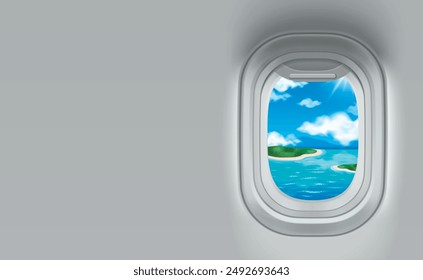 Plane window inside view with island to travel. Aircraft porthole on flight to tropical vacation illustration. Banner frame design with aeroplane illuminator and aerial concept for advertising