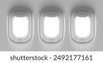 Plane window on flight. 3d aircraft inside view. Airline travel illustration for vacation mockup. White realistic layout of plain illuminator element set. Business journey or voyage transport.