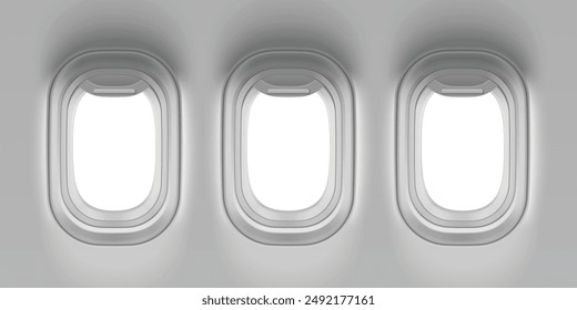 Plane window on flight. 3d aircraft inside view. Airline travel illustration for vacation mockup. White realistic layout of plain illuminator element set. Business journey or voyage transport.