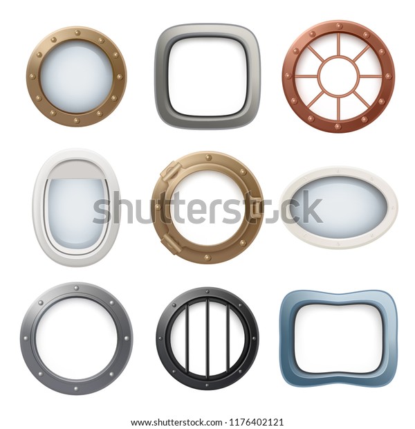 Plane window. Ship boat round glass\
portholes aircraft interior vector realistic 3d collection.\
Illustration of window porthole, hole fuselage\
spaceship