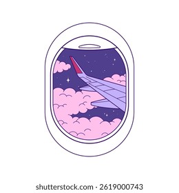 Ala de avión en una ventana, vista del cielo nocturno, ilustración de viaje, dibujo