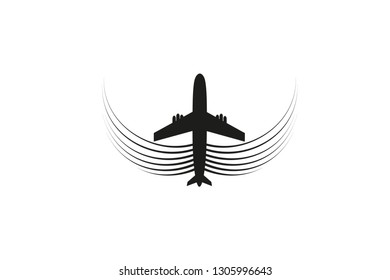 The plane with wings flies on the line. Tourism and travel. The waypoint is intended for a tourist trip. and his track on a white background. Vector illustration