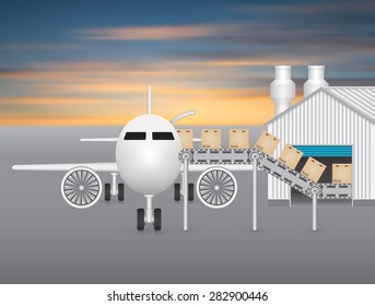 Plane working with transfer belt and factory.