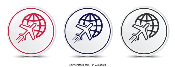 Plane world icon crystal flat round button set illustration design isolated on white background
