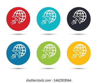 Plane world icon flat round button set illustration design isolated on white background