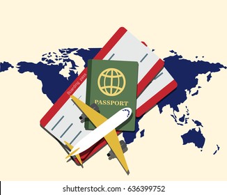 plane, world map with passport ticket