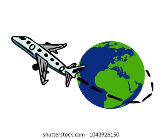 Plane with world vector illustration draw