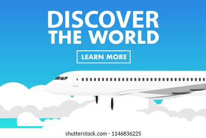 Plane(airplane) is flying in the sky above the cloud level with copy space for text in the sky text- "Discover the world"