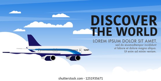 Plane-airplane is flying in the sky above the cloud level with copy space for text