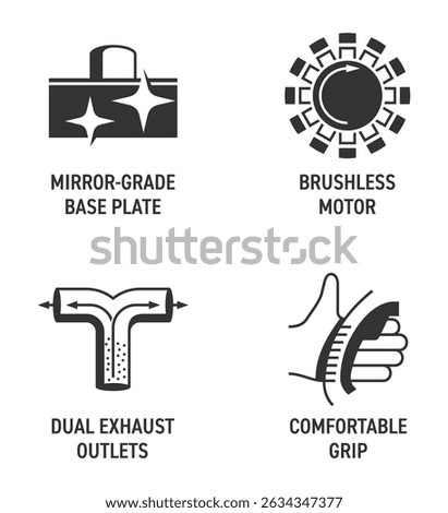 Planer properties icons set - Dual exhaust outlets, Comfortable grip, Mirror-grade base plate, Brushless motor. Pictograms for electric tool labeling in monochrome style