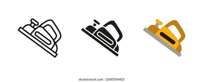 Planer tool icon. Electric woodworking vector illustration. Used for smoothing, leveling and shaping wood surfaces in carpentry and DIY projects. Essential tool for precise material finishing.