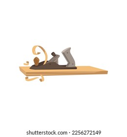 Planer vector illustration. Cartoon drawing of instrument and workbench for carpentry work on white background. Carpentry, renovation, professions concept