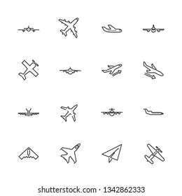 Planes, Aircraft outline icons set - Black symbol on white background. Planes, Aircraft Simple Illustration Symbol - lined simplicity Sign. Flat Vector thin line Icon - editable stroke