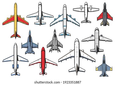 Iconos de aviones y aviones, aviones de aviación retro y moderno, vectorial top view. Aviones de aviación civil y militar, aviones de combate de bombardeo y aviones de vuelo con cabina piloto, transporte de avia