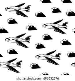 Planes and clouds. Hand drawn graphic vector seamless pattern