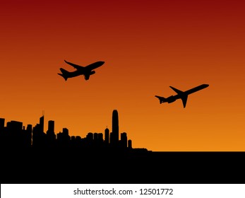 planes departing with Hong Kong skyline at sunset