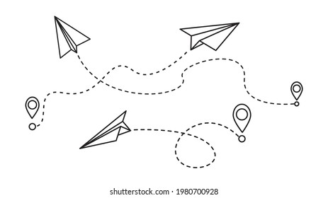 Planes and its dotted paths. Vector illustration. On white background
